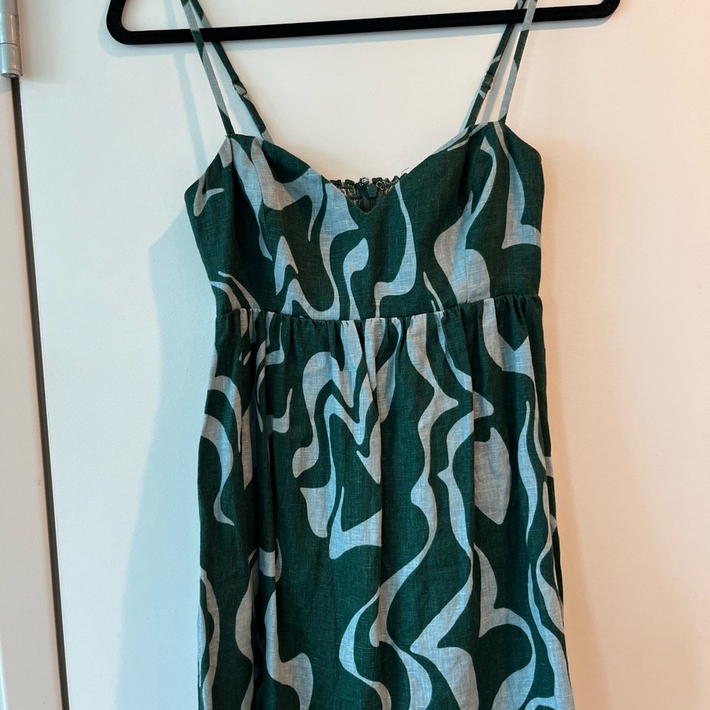 Reformation Green Martin Mirage Linen Dress Sweetheart Neck Flounce Size 0